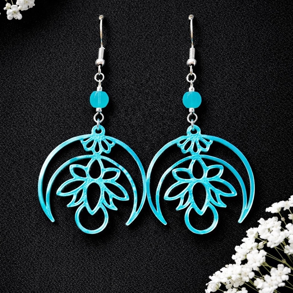 Handmade Moon with Lotus Flower Blue Earrings